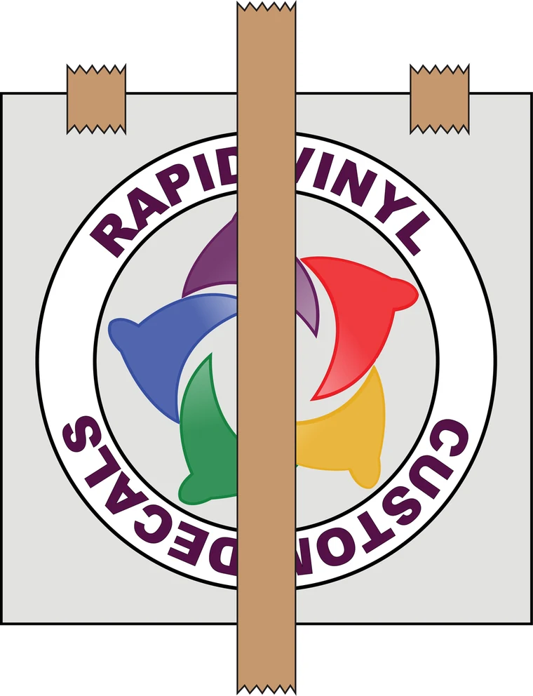 A strip of masking tape running vertically down the middle of the decal, forming a hinge