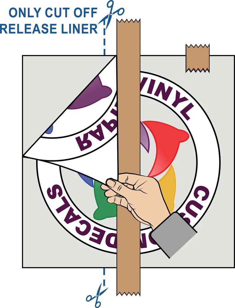 Half of the decal folded back on the hinge with the paper release liner being peeled away and cut off